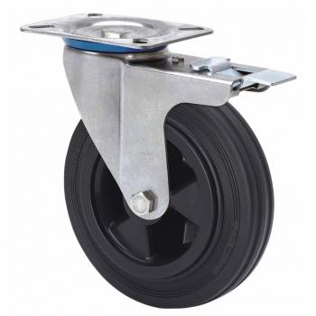 Rueda Giratoria Alex Serie ZVI Inox-PS con Platina y Freno, Poliamida/Goma Negra, Eje Liso