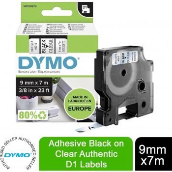DYMO D1 Standard Label Tape, 9mm x 7m, Black on Clear (40910/S0720670)