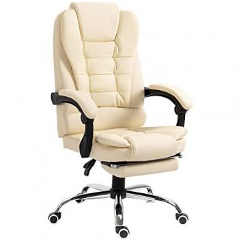 Silla de Oficina Reclinable Homcom con Reposapiés, Altura Ajustable y Tapizado en PU Crema