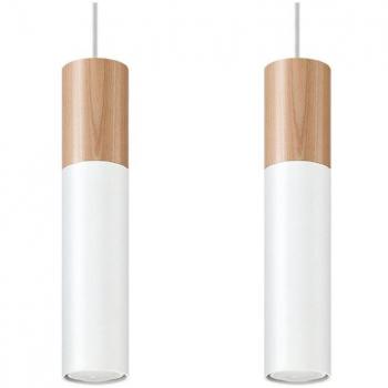 Lámpara Colgante Pablo 2 Blanca GU10 Acero y Madera Natural con 2 Bombillas LED Suspendida 90cm