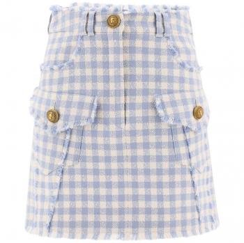 Balmain Women's Gingham Tweed A-Line Skirt in Light Blue | Size 38 | CF1LA375CE70SLJ