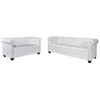 vidaXL Set Sofás Chesterfield 2 y 3 Plazas Blanco Revestimiento Cuero Artificial