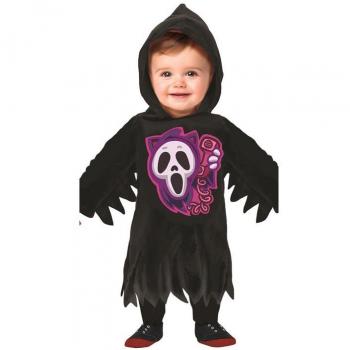 Disfraz de Fantasma con capucha para bebé, incluye una túnica blanca con capucha y detalles en negro, fabricado en materiales suaves y cómodos, disponible en tallas para bebés