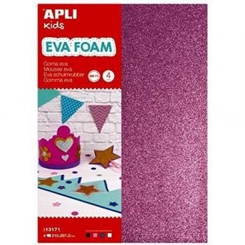 APLI Kids 13171- Goma EVA purpurina blanco, negro, rojo y azul/ Purpurina II, A4 4 hojas