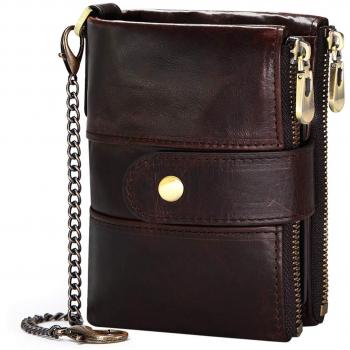 TEUEN Cartera Hombre Cuero Pequeña Billetera Cremallera para Hombre con Monedero Muchos Compartimentos, RFID Bloqueo Carteras Piel Bolsillo Hombre con Cadena 16 Ranuras para Tarjetas