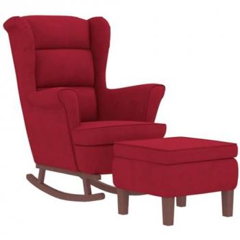 Sillón mecedora con patas de madera y taburete de terciopelo rojo vino, reclinable, para salón o sala de estar