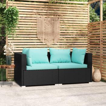 Black Poly Rattan 2-Seater Sofa with Cushions