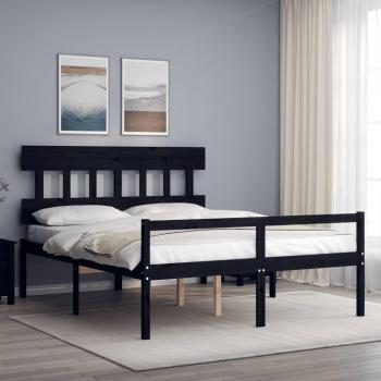 Estructura de cama de matrimonio con cabecero de madera maciza en color negro marca vidaXL