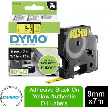 DYMO D1 Label Tape, 9mm x 7m, Black on Yellow, 40918 (S0720730)