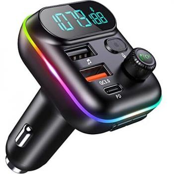 Cocoda Transmisor Bluetooth Coche, 38W Tipo-C PD+QC3.0 Bluetooth Coche con Retroiluminación LED de 9 Colores, Adaptador Bluetooth Coche Soporte Micrófono Más Fuerte/Asistente de Google Siri/U Disk/TF