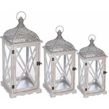 Set de 3 faroles de madera y metal con dimensiones 66x52x38cm, estilo efecto blanqueado, fabricados en madera y vidrio