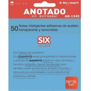 Bloc de Notas Adhesivas Transparentes Removibles 76x76mm Azul Acetato 50 Hojas