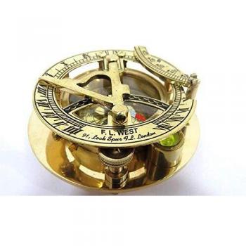 Fascinating Solid Brass Sundial Clock with Inset Compass & Engraved Vane. 3 Inches