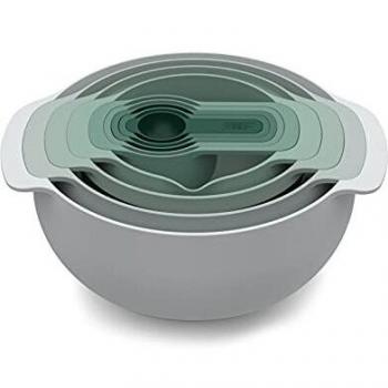 Set de Cocina Nest 9 Plus Joseph Joseph - 9 Piezas Apilables con Cuencos, Colador y Tazas Medidoras, Verde Salvia