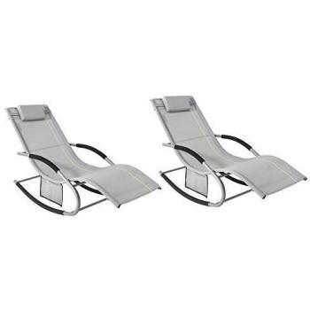 Set de 2 Tumbonas Mecedoras con Almohada y Bolsillo Lateral, Estructura de Hierro, Malla Transpirable Teslin, Soporta hasta 150 kg, Color Gris