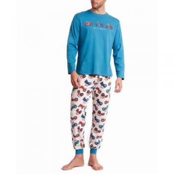 Pijama de Hombre Largo de Algodón Verde Agua con Manga Larga y Diseño de Tractor Azul
