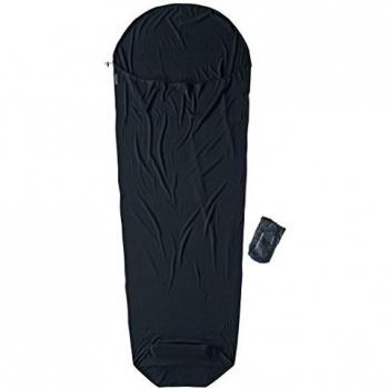 Saco de dormir Cocoon Mummy Liner II Merino Wool negro, tejido de lana merina, diseño tipo momia, ligero y compacto, ideal para camping y actividades al aire libre