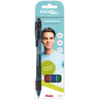 Pentel EnerGel Retractable Gel Pens - 0.7mm Medium Point - Assorted Colors (Black, Red, Blue, Green) - Pack of 4 with Rubber Grip and Recyclable Materials