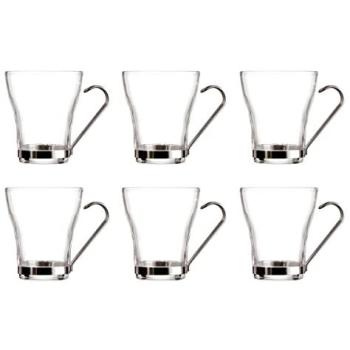 Set de 6 Tazas de Vidrio Transparente con Asas de Acero - 23CL, No Apto para Microondas, Reciclable