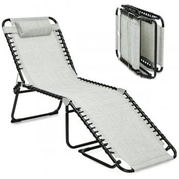 Costway Grey Weather-Resistant Folding Beach Lounge Chair with Pillow