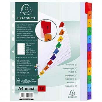 Separadores A4+ 12 posiciones 160g/m² con pestañas de colores Exacompta