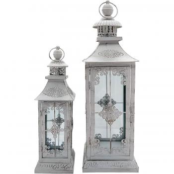 Set de 2 Grandes Linternas de Metal Blanco Candelabro Shabby para Interior y Exterior