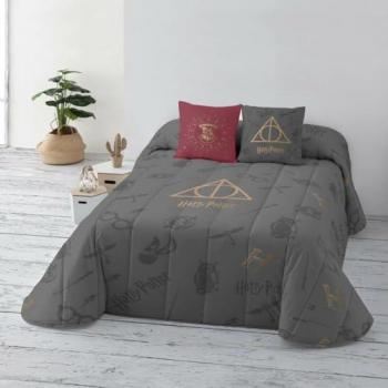 Colcha Bouti Harry Potter Deathly Hallows, tejido de algodón orgánico y peinado, suave, para cama de 180 cm, reversible, tamaño 280x270 cm, apta para todas las estaciones