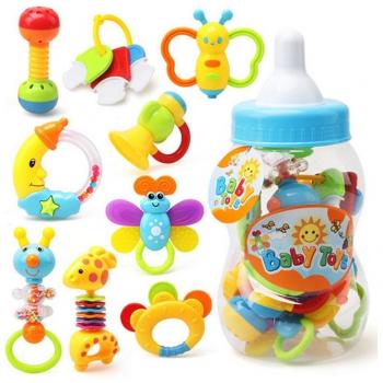 YeahiBaby Primer sonajero y mordedor juguete con mamadera gigante 9pcs bebé agarre colorido juguete