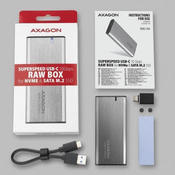 AXAGON EEM2-SG2 USB-C 3.2 Gen 2 M.2 NVMe & SATA SSD Aluminum RAW Box, Tool-Free Design, Silver