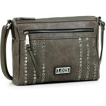 Lois - 94449 Bolso de Mujer Bandolera Ajustable. Doble Compartimento Central con Cremallera. Llavero y Remaches. Piel sintética Polipiel, Color Taupe
