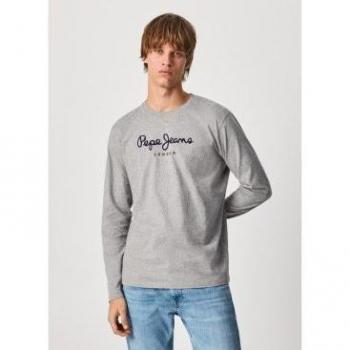 Men's Long Sleeve Basic Gray T-Shirt with Logo Print - Regular Fit