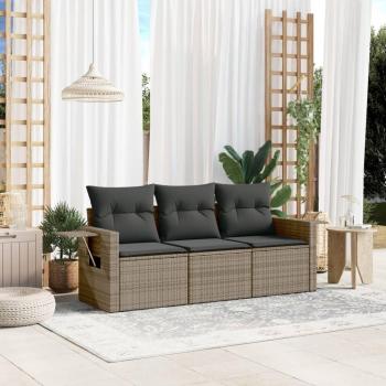 3-Piece Grey Poly Rattan Garden Sofa Set with Cushions