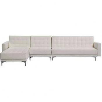 Sofá cama esquinero en piel sintética blanco acolchado para 5 personas, modelo Aberdeen