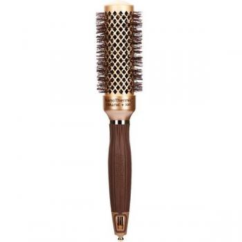 Olivia Garden Blowout Shine Expert 35mm - Cepillo Redondo Profesional para Cabello con Cerámica e Iones, Cerdas Onduladas, Color Oro y Marrón