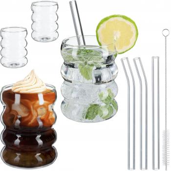 Set de 4 Vasos de Vidrio Ondulados con Pajitas, 350 ml, Transparentes, Aptos para Lavavajillas - Relaxdays