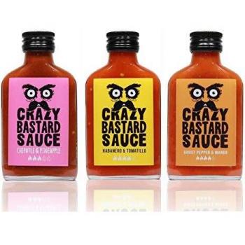 Pack de 3 Salsas Picantes Crazy Bastard 300 ml - Ghost Pepper y Mango, Habanero y Tomatillo, Chipotle y Piña