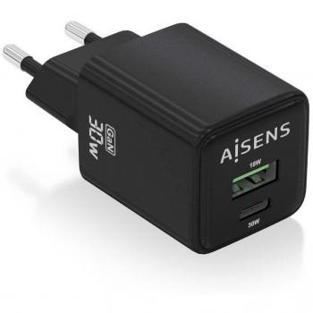 Cargador Gan de Pared AISENS ASCH-30W2P038-BK, 1xUSB Tipo-C, 1xUSB, 30W, Alta Eficiencia Energética, Tecnología AI para Carga Ráp
