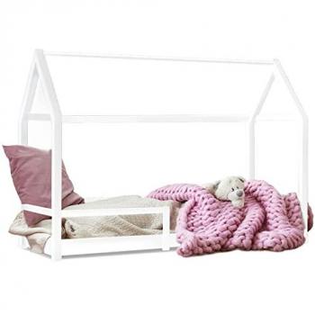 Cama cabaña infantil Nessi 90 x 190 cm blanca estilo escandinavo con somier de láminas y barandillas