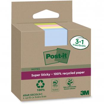 Pack 3+1 Blocs 90 Hojas Notas Recicladas Adhesivas 76x76mm Super Sticky Colores Surtidos