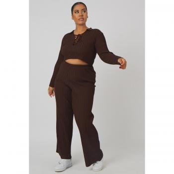 Curve Ribbed Knitted Wide Leg Trousers Chocolate UK 22-24