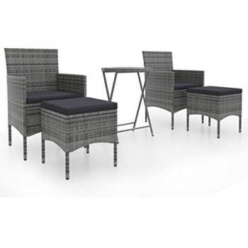 5-Piece Grey Poly Rattan Garden Bistro Set with Tempered Glass