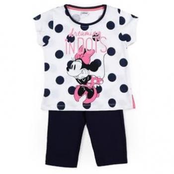 Pijama para Niña Disney Minnie Dots Marino - Manga Corta, Cuello Redondo, Pantalón Pirata, Estampado Flocado, Suave Algodón