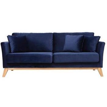 Sofá nórdico 3 plazas terciopelo azul oscuro desenfundable patas madera Oslo