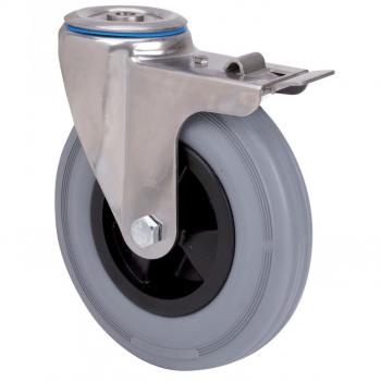 Rueda Giratoria Alex Serie ZVI Inox-PS Gris con Agujero Pasante y Freno, Poliamida-Goma Liso