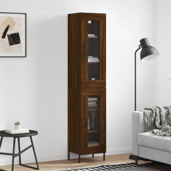 Aparador alto de madera contrachapada roble marrón 34,5x34x180 cm con 1 puerta de cristal, mueble de almacenaje para salón, buffet y armario auxiliar