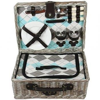 zq1 - 2050 a moda, Washed mimbre cesta de picnic para 2 personas con platos de cerámica y copas de vino