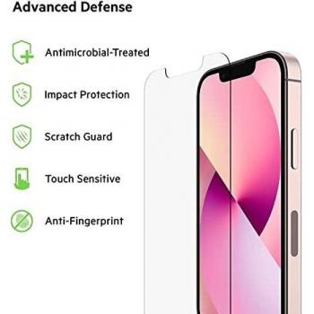 Belkin - Protector de pantalla TemperedGlass para iPhone 13 mini, con revestimiento antimicrobiano, instalación fácil sin burbujas con los adhesivos guía incluidos