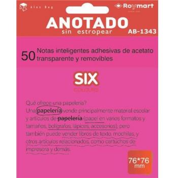 Bloc de Notas Adhesivas Transparentes Removibles, 76x76mm, 50 Hojas, Acetato Rosa Flúor