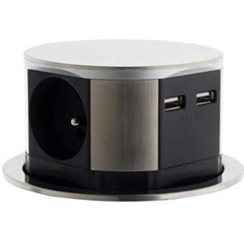 Otio – Bloque Escamoteables Compact 16 A 3 Enchufe 2P + T + 2 x USB – acabado en acero inoxidable