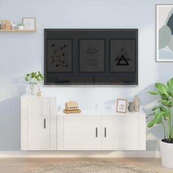 Set de muebles de TV 2 piezas de madera contrachapada blanca brillo